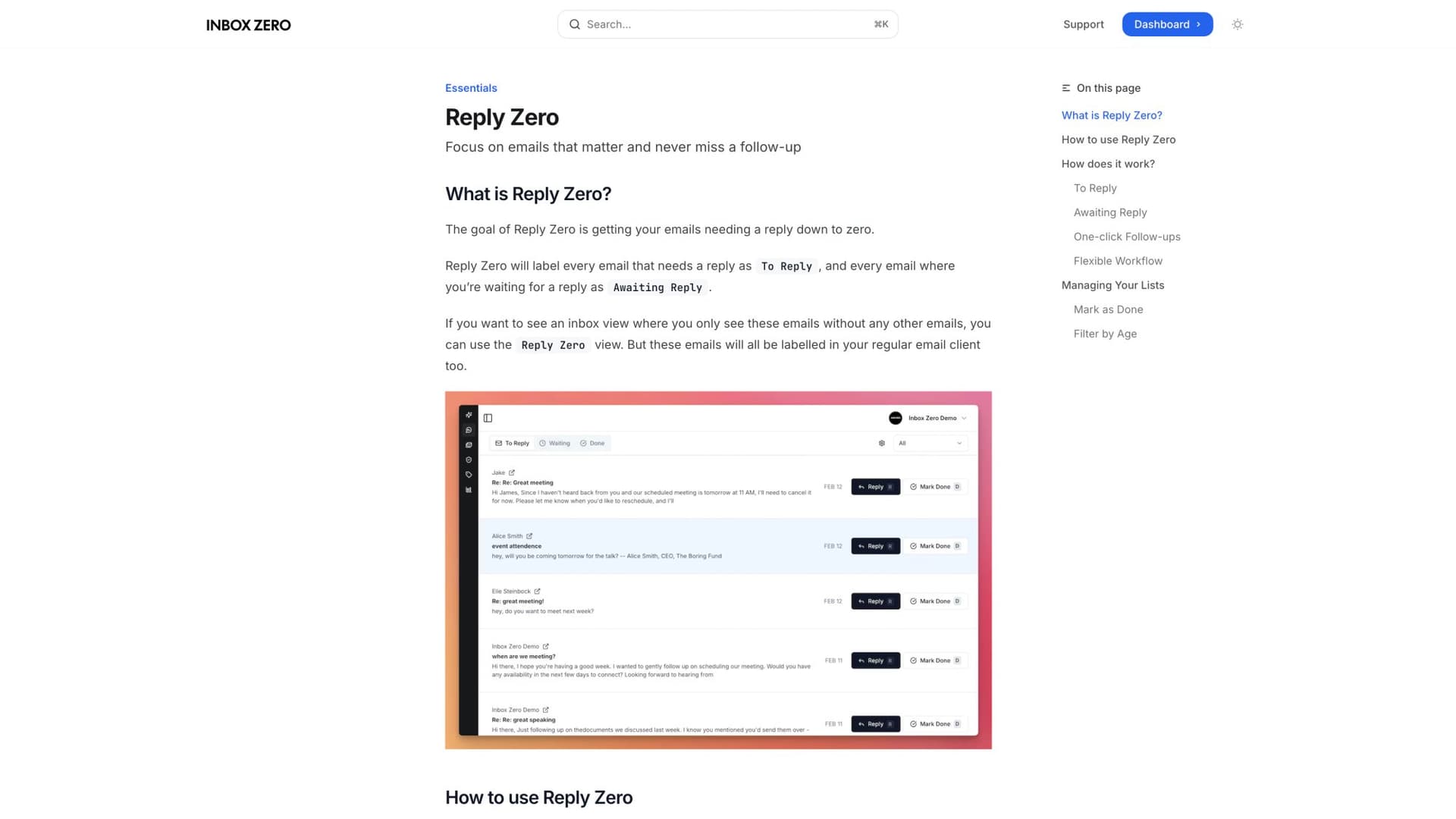 Reply Zero documentation showing To Reply and Awaiting Reply email management interface